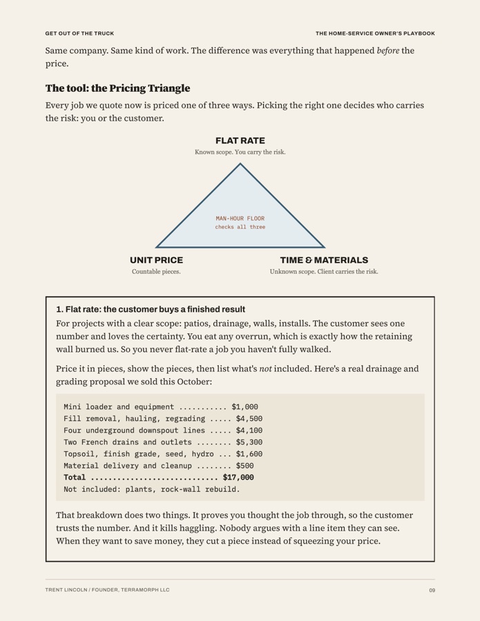 Chapter 1 page with a real itemized $17,000 drainage quote